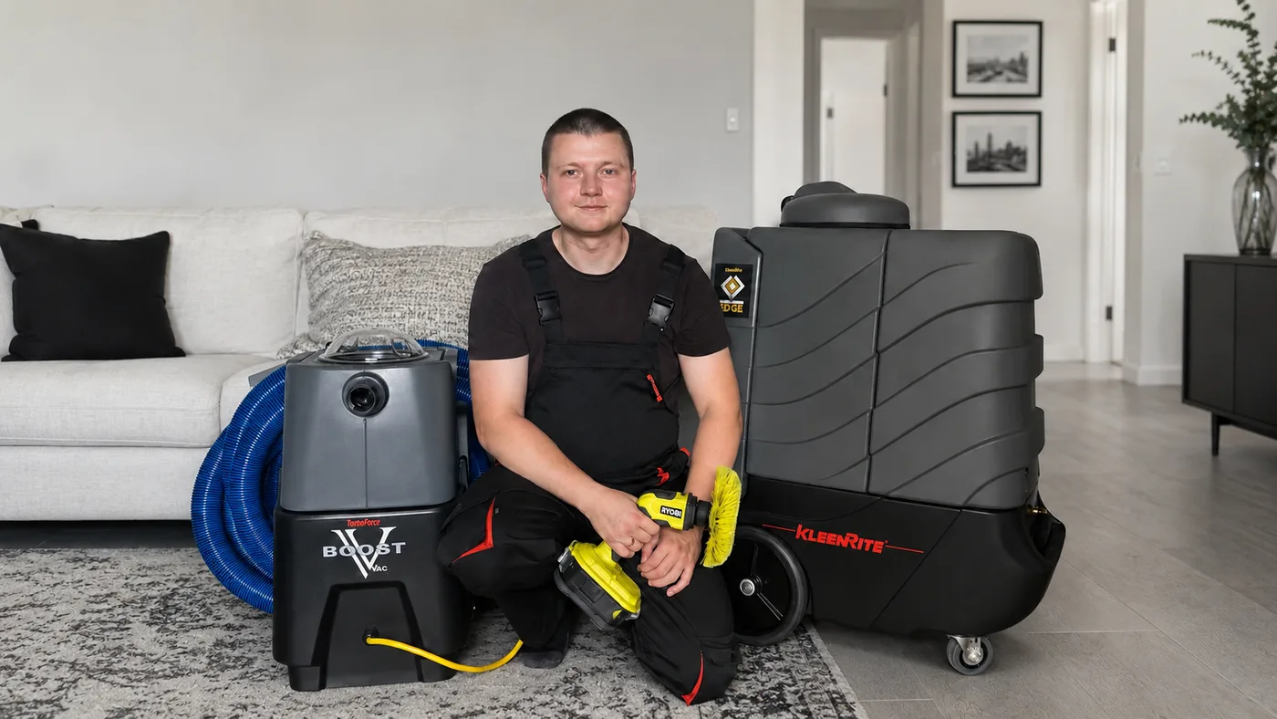 MK Deep Clean technician on site with professional hot-water extraction equipment